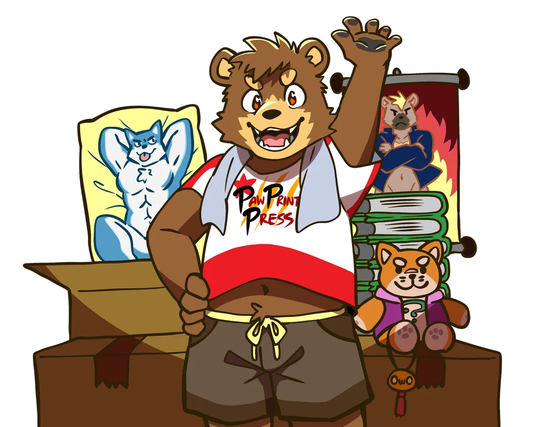 The Pawprint Press mascot bear surrounded by characters and merch from our series
